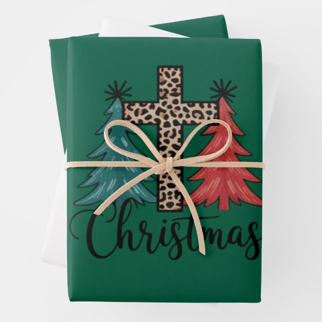 Feuille De Papier Cadeau Leopard Cross Arbres de Noël Christian (En situation)
