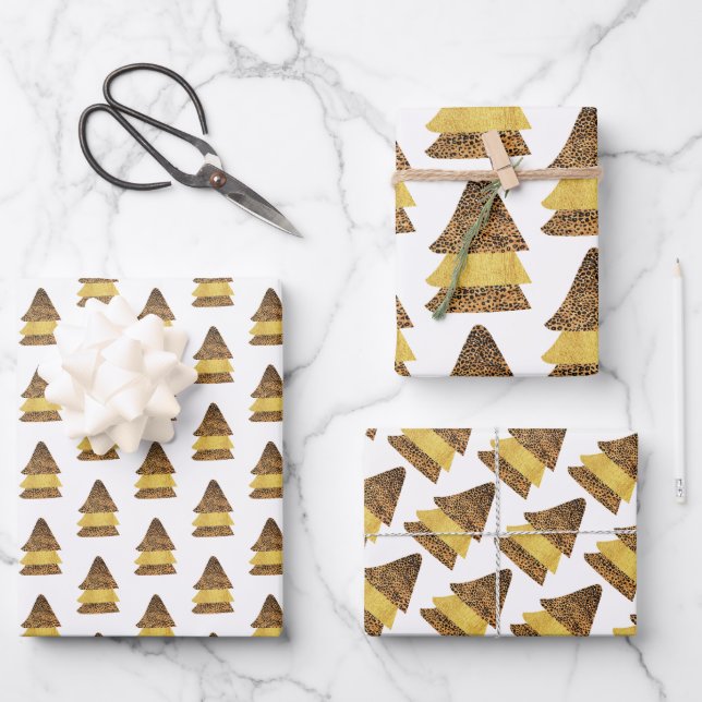 Feuille De Papier Cadeau Leopard Golden Christmas Tree Motif (Recto)