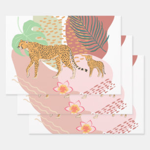 Feuille De Papier Cadeau Léopard Maman et bébé dans la jungle
