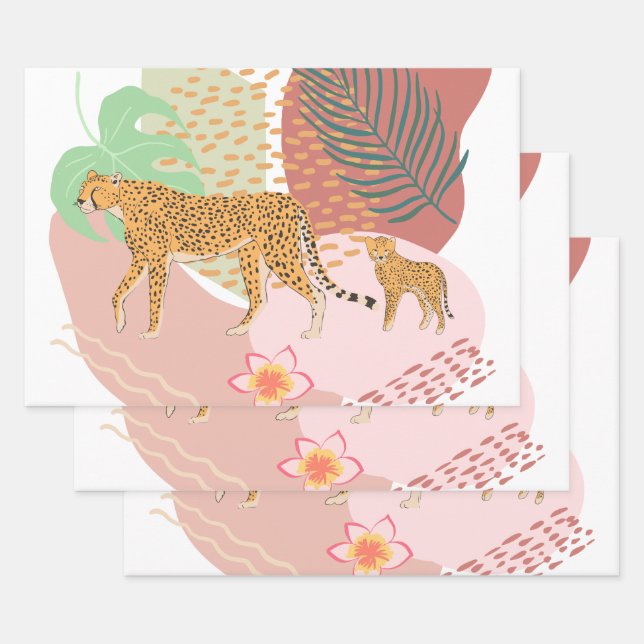 Feuille De Papier Cadeau Léopard Maman et bébé dans la jungle (Lot)
