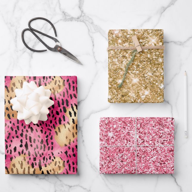 Feuille De Papier Cadeau Léopard rose or Glam (Recto)
