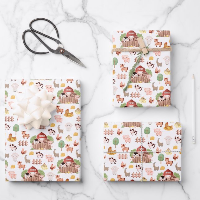 Feuille De Papier Cadeau Les animaux de ferme mignons en blanc (Recto)
