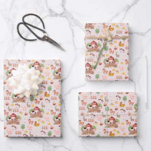 Feuille De Papier Cadeau Les animaux de ferme mignons sur rose pâle