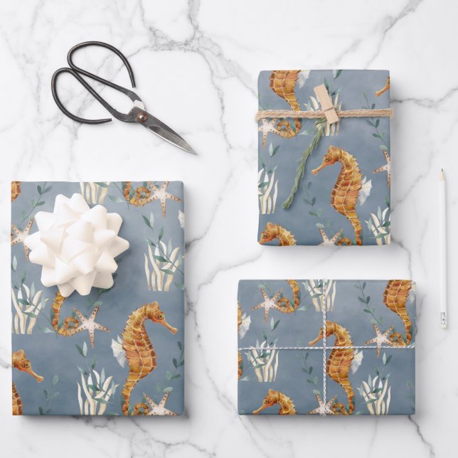 Feuille De Papier Cadeau Les Chevaux Sous La Mer Bleue Profonde (Recto)