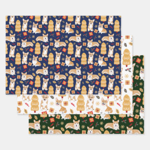 Feuille De Papier Cadeau Les Corgis fêtent Noël motif 3 couleurs