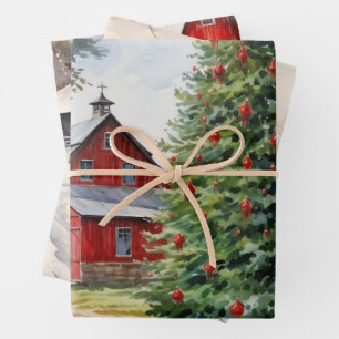 Feuille De Papier Cadeau Les Granges rouges L'hiver sur la ferme à l'ancien
