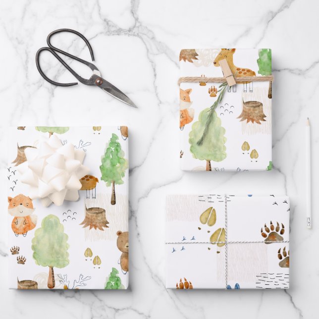 Feuille De Papier Cadeau Les mignons animaux en bois (Recto)