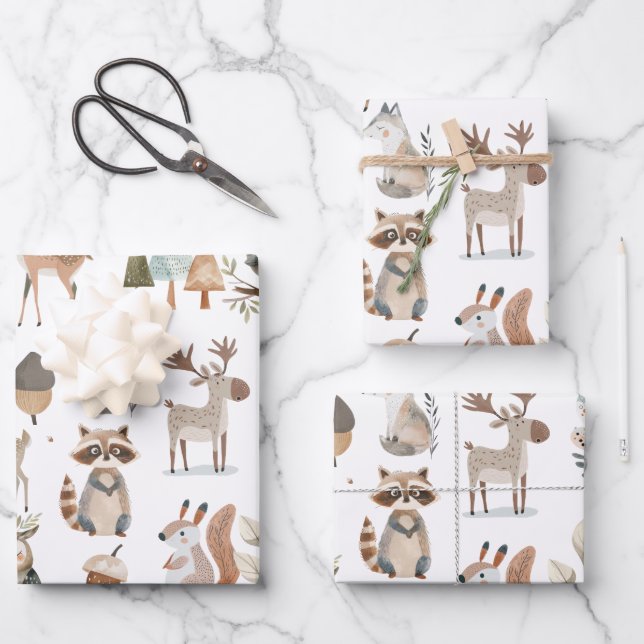 Feuille De Papier Cadeau Les mignons animaux en bois (Recto)