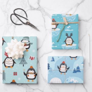 Feuille De Papier Cadeau Les mignons pingouins d'hiver en trois Motifs
