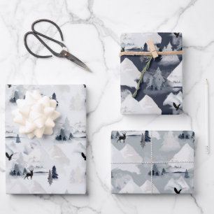 Feuille De Papier Cadeau Les montagnes neigeuses et la faune forestière Noë