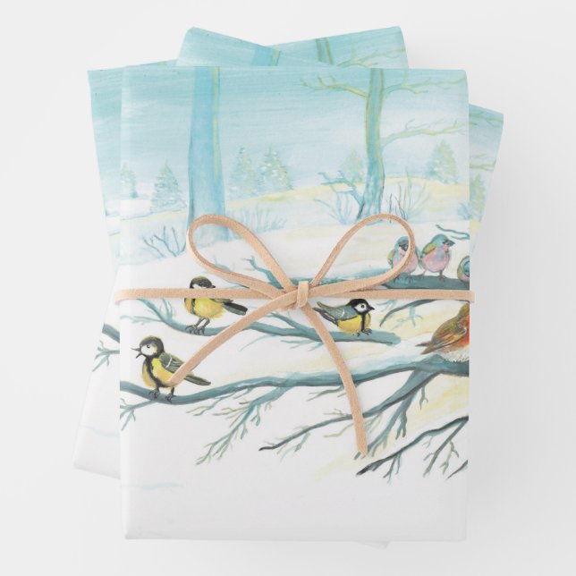 Feuille De Papier Cadeau Les oiseaux forestiers en hiver (En situation)