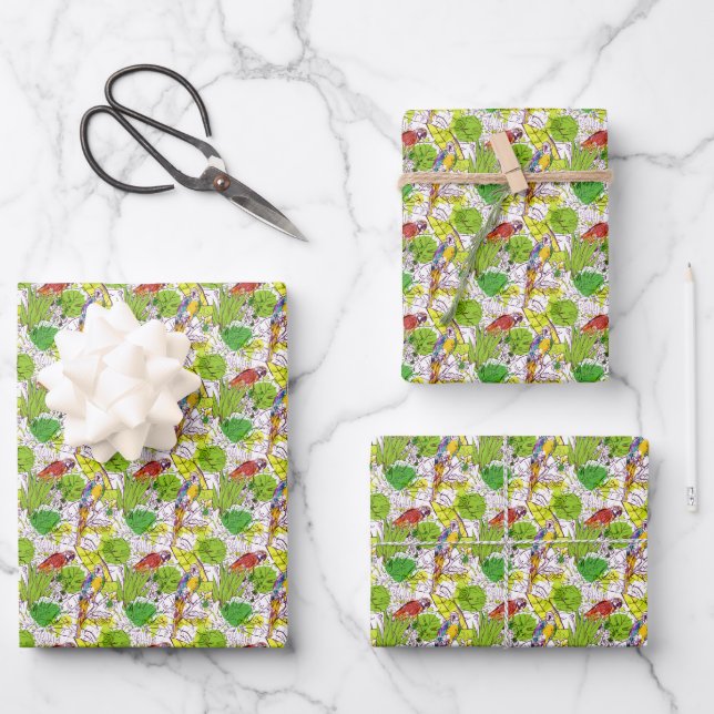 Feuille De Papier Cadeau Les perroquets tropicaux (Recto)