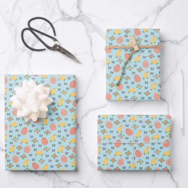 Feuille De Papier Cadeau Les poussins de Pâques et les oeufs - en bleu. (Recto)