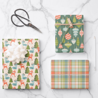 Feuille De Papier Cadeau Les rennes du Père Noël, boules de Noël rétro, car