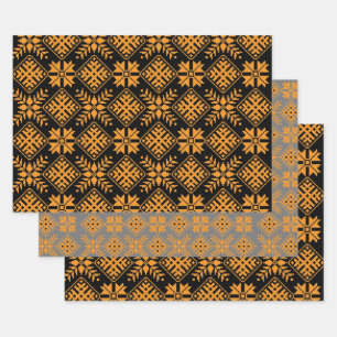 Feuille De Papier Cadeau Letton Vintage noir, orange, gris folk art