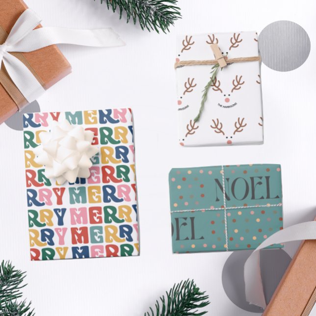 Feuille De Papier Cadeau Lettre bulle rétro Reindee Noël personnalisé (Créateur téléchargé)