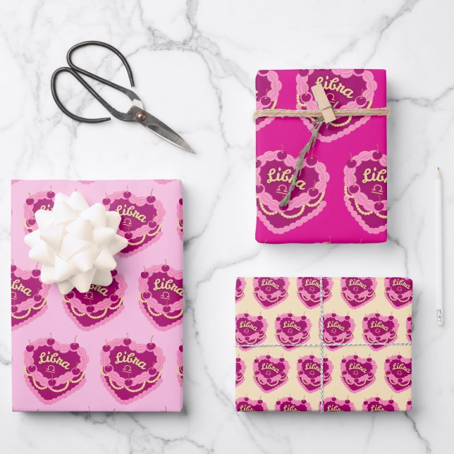 Feuille De Papier Cadeau Libra Zodiac Coquette Coeur gâteau d'anniversaire (Recto)