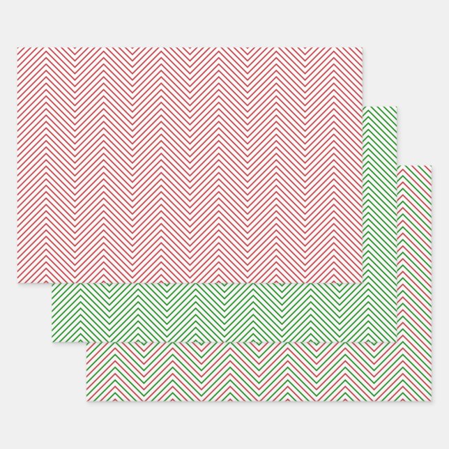 Feuille De Papier Cadeau Ligne Chevron rouge foncé, vert et blanc (Lot)