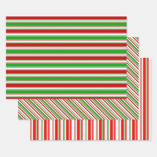 Feuille De Papier Cadeau Lignes de Noël de couleur verte, blanche et rouge