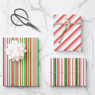 Feuille De Papier Cadeau Lignes de Noël de couleur verte, blanche, rouge