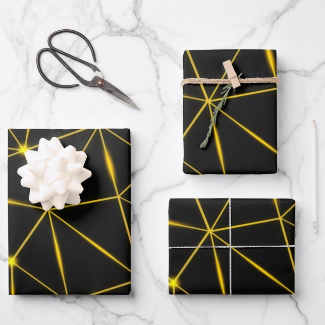 Feuille De Papier Cadeau Lignes d'or triangles noirs géométriques (Recto)