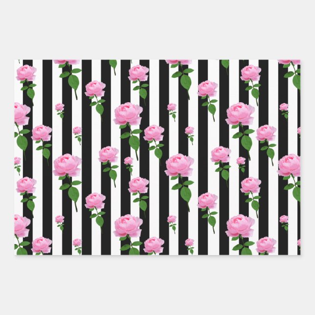 Feuille De Papier Cadeau Lignes Fleurs Roses Roses Roses Noires (Devant)