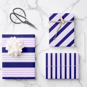 Feuille De Papier Cadeau Lilac et rayures blanches motif avec bleu marine