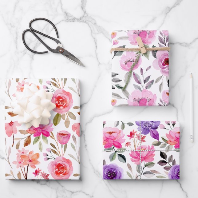 Feuille De Papier Cadeau Lilac rose feminin et aquarelle violette Florale (Recto)