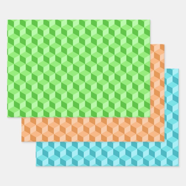 FEUILLE DE PAPIER CADEAU LIME VERT PEACH AQUA BLEU GÉOMÉTRIQUE CUBE MOTIFS (Lot)