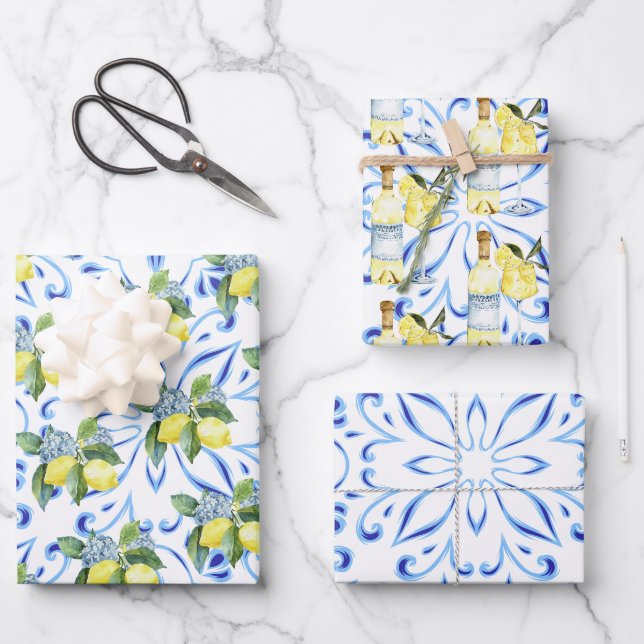 Feuille De Papier Cadeau Limoncello Carreaux bleus italiens Citrons Cocktai (Recto)