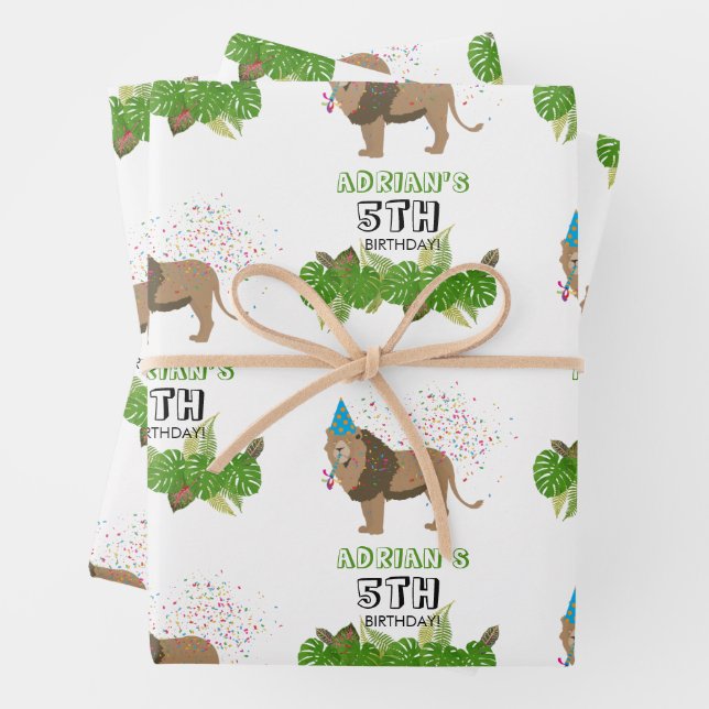 Feuille De Papier Cadeau Lion Jungle Fête Animaux Fête Anniversaire Personn (En situation)