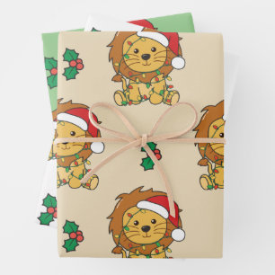 Feuille De Papier Cadeau Lion Noël Animaux d'hiver Lions de vacances