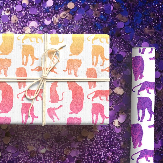 Feuille De Papier Cadeau Lions & Tigers Line Art, Hot Pink, Purple, Rainbow (Créateur téléchargé)