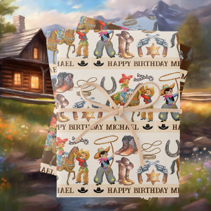 Feuille De Papier Cadeau Little Buckaroo Cowboy Ajouter le nom de l'enfant 
