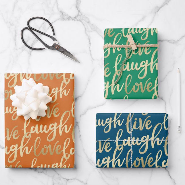 Feuille De Papier Cadeau Live Laugh Love Faux Gold Letting Motif (Recto)