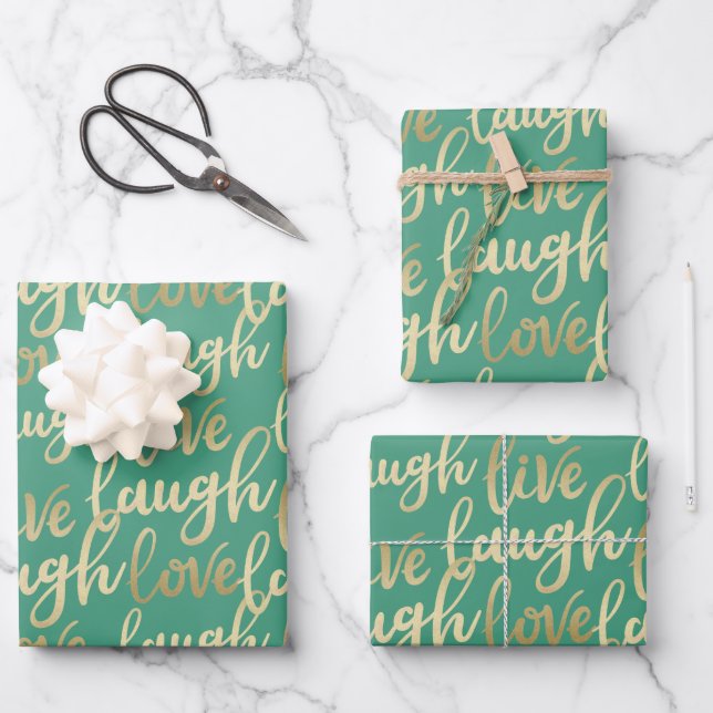 Feuille De Papier Cadeau Live Laugh Love Faux Gold Letting Motif (Recto)