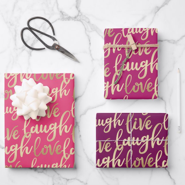 Feuille De Papier Cadeau Live Laugh Love Faux Gold Letting Motif (Recto)