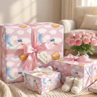 Feuille De Papier Cadeau Livraison de la cigogne Bébé Fille Enveloppement P