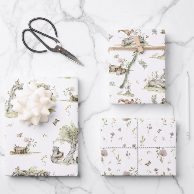 Feuille De Papier Cadeau Livre d'histoires | Baby shower forestier (Recto)