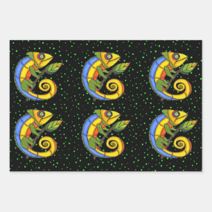 Feuille De Papier Cadeau Lizards Imaginaires de couleur vive tenant des poi