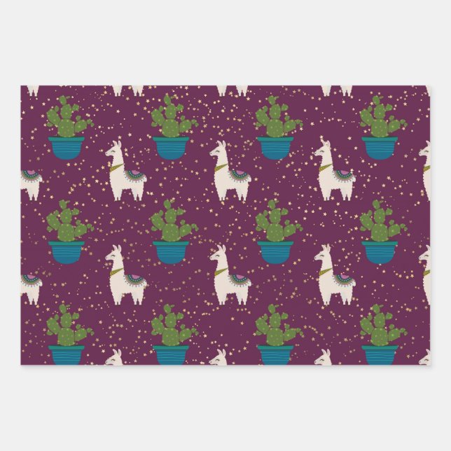 Feuille De Papier Cadeau Llama, Catcus et étoiles du violet (Devant)