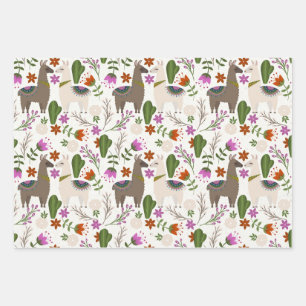 Feuille De Papier Cadeau Llamas et cactus en blanc