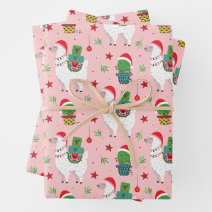 Feuille De Papier Cadeau Llamas et cactus Motif de Noël
