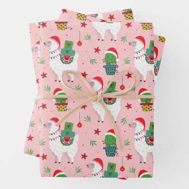 Feuille De Papier Cadeau Llamas et cactus Motif de Noël (En situation)
