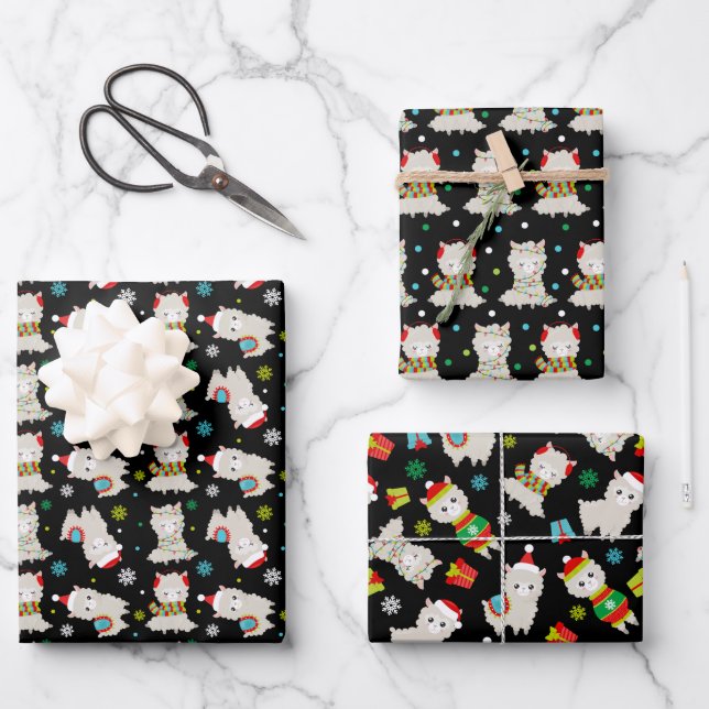 Feuille De Papier Cadeau Llamas Festive de Noël en noir (Recto)