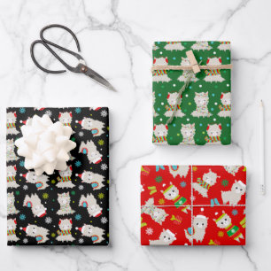 Feuille De Papier Cadeau Llamas Festive de Noël sur Noir, Vert et Rouge
