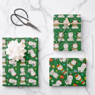 Feuille De Papier Cadeau Llamas Festive de Noël sur vert