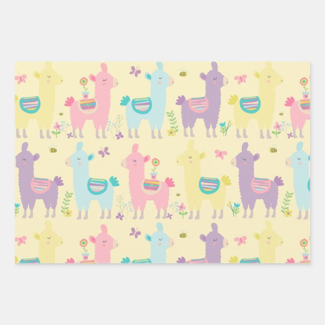 Feuille De Papier Cadeau Llamas rose, jaune pourpre mignonne adorable (Devant)