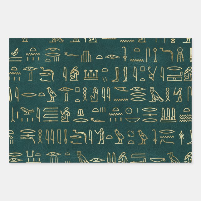 Feuille De Papier Cadeau L'or métallique Hiéroglyphes égyptiens sur le vert (Devant)