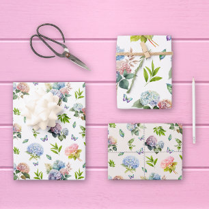 Feuille De Papier Cadeau Lot de 3 Hydrangea Floral Bleu et Rose